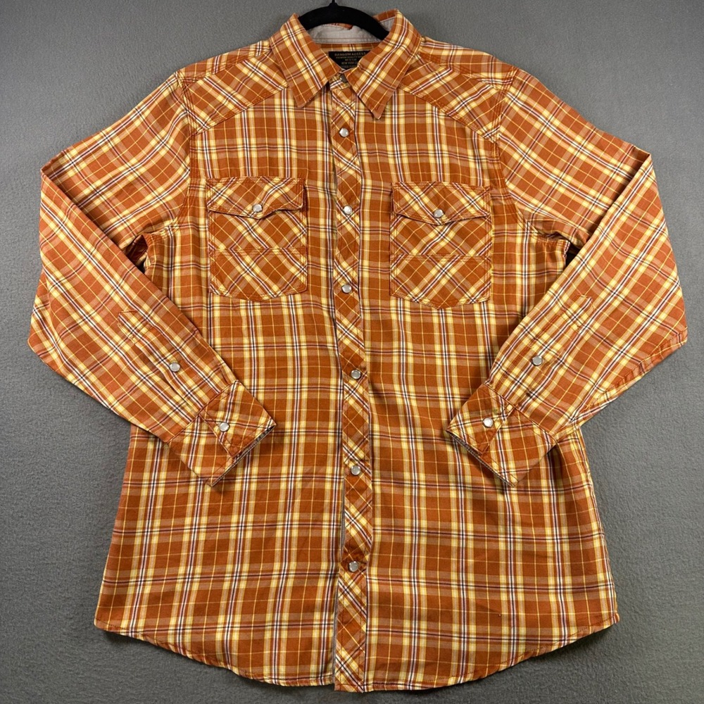 Random Access Mens Western Snap Plaid Shirt Orange Yellow 17-530 Medium